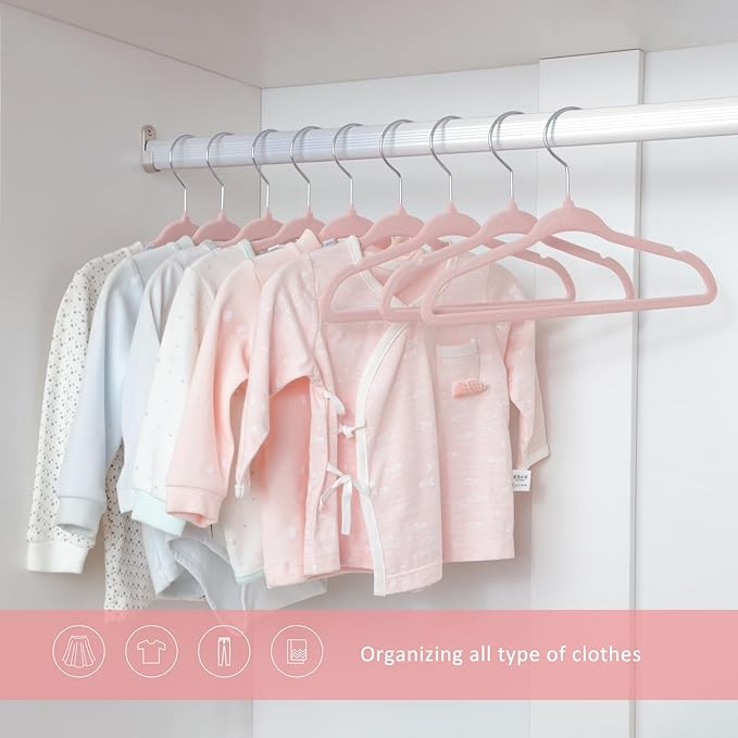 ManGotree 11" Baby Velvet Hangers, Non-Slip Infant Coat Hangers, Ultra-Thin Toddler Felt Hanger with 360° Swivel Hook, Space Saving Children's Hanger for Kids Clothes, 48 Pack (Light Pink)