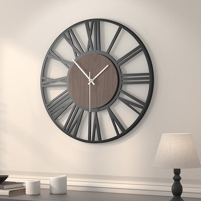 24 inch Large Wall Clock for Living Room Decor, Decorative Wood Metal Wall Clock Battery Operated Silent Non Ticking, Modern Black Round Big Clocks for Bedroom, Kitchen, Office Decor-Roman Numerals