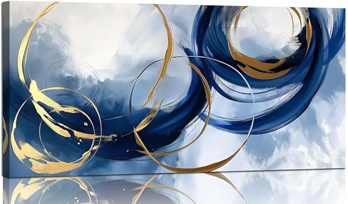 Abstract Wall Art Nave Blue Modern Canvas Pictures Art Print Gold Contemporary Artwork Painting Decor for Living Room Bedroom Home Office Decorations 24x48inches