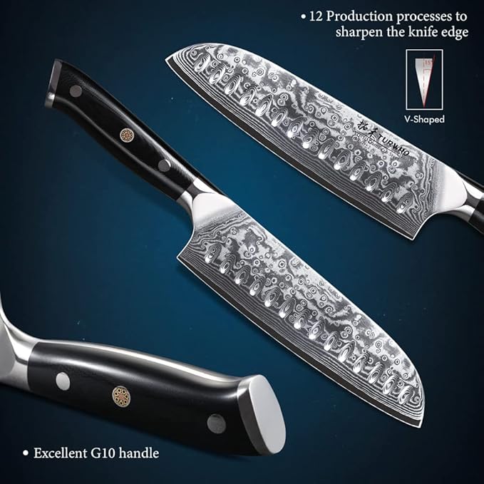 Professional Santoku Knife 7 inch - Classic Damascus pattern Japanese VG-10 Steel Chef Knife