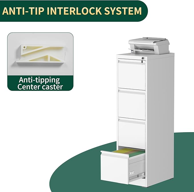 4 Drawer File Cabinet with Lock, Steel Vertical Filing Storage Cabinet for Home Office, Heavy-Duty File Cabinets for Letters/Legal/A4 (Require Assembly, White)