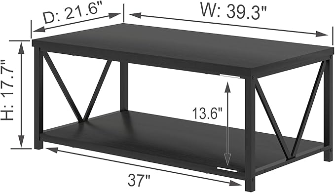 EXCEFUR Small Coffee Table, Modern Living Room Tables with Storage Shelf, Rustic Wood Rectangle Center Table, 2 Tier Wooden Low Cocktail Tea Table for Small Spaces, 39.3 Inch Black Oak