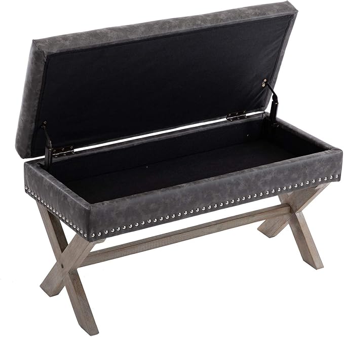 chairus PU Leather Upholstered Storage Entryway Bench, 36 inch Bedroom Bench Seat with X-Shaped Wood Legs for Living Room, Foyer or Hallway - Gray