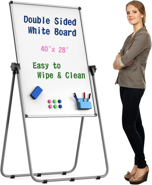 Double Sided White Board with Stand - 40x28 Portable Whiteboard Easel with Height Adjustable & 360° Rotation for Home Office Classroom, Standing Dry Erase Board for Presentation