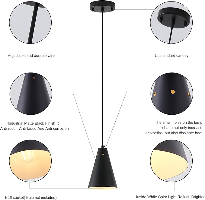 Dijiahua Black Pendant Lights 3 Pack for Kitchen Island,Small Modern Industrial Chandeliers with Cone Metal Shade,Mini Adjustable Cord Hanging Lighting Fixtures for Over Sink,Bar,Dining Room