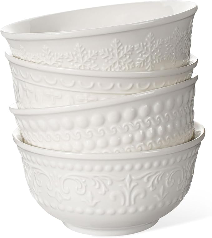 Small Ceramic Bowls - 14 Oz Ice Cream Bowls Set of 4, White Embossment Dessert Bowl for Kitchen, Soup, Side Dishes, Oatmeal, Rice, 4.75 Inch Microwave Oven Safe(Multiple Patterns)