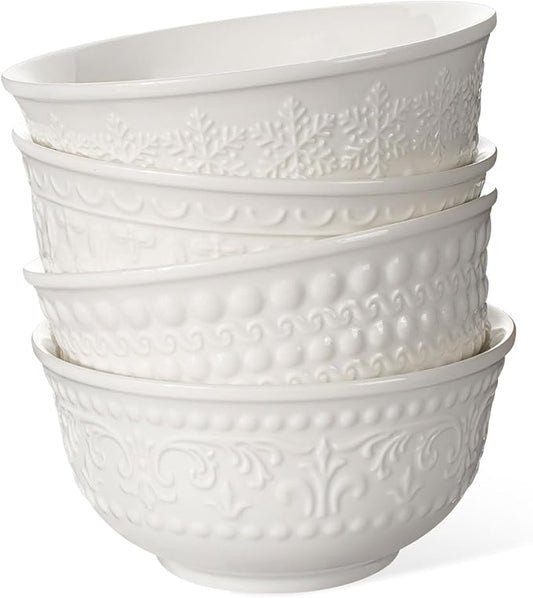 Small Ceramic Bowls - 14 Oz Ice Cream Bowls Set of 4, White Embossment Dessert Bowl for Kitchen, Soup, Side Dishes, Oatmeal, Rice, 4.75 Inch Microwave Oven Safe(Multiple Patterns)