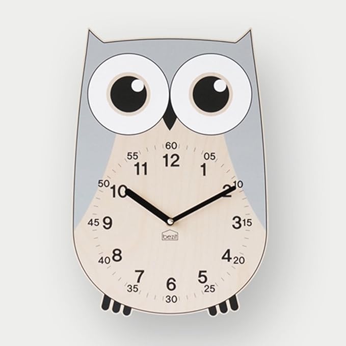 Non-Ticking, Silent 11-Inch Wall Clock – Decorative, Modern, Clean, Cute, Kid-Friendly Design for Indoor, Office, Home, Baby Room (Grey Owl)