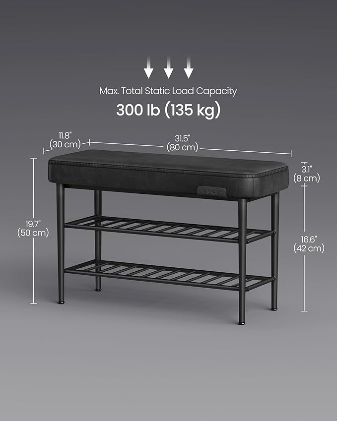 VASAGLE EKHO Collection - Shoe Rack Bench, Storage Bench for Entryway, Synthetic Leather with Stitching, Mid-Century Modern, Loads 300 lb, 11.8 x 31.5 x 19.7 Inches, Ink Black ULSB054B01