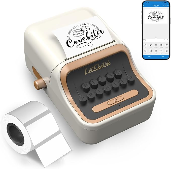 Wireless Mini Retro Label Maker Machine with Tape,Bluetooth Portable Thermal Sticker Printer for Phone,Small Business, Address, Logo, Qr Code, Food,Home, Kitchen,with 50×30mm Label (White)