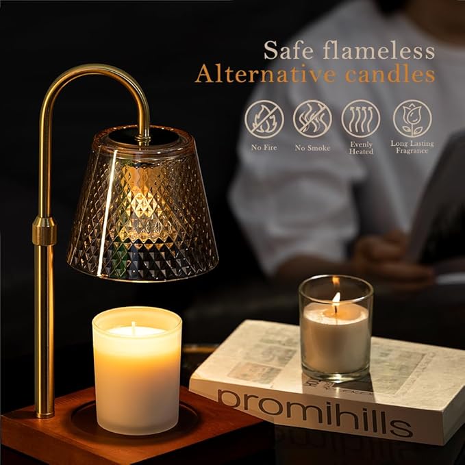 Candle Warmer Lamp: Adjustable Height, Dimmer, and On/Off Timer (8H/4H/2H) - an Elegant and Creative Gift, Fits Various Sizes of Scented Candles (Amber)