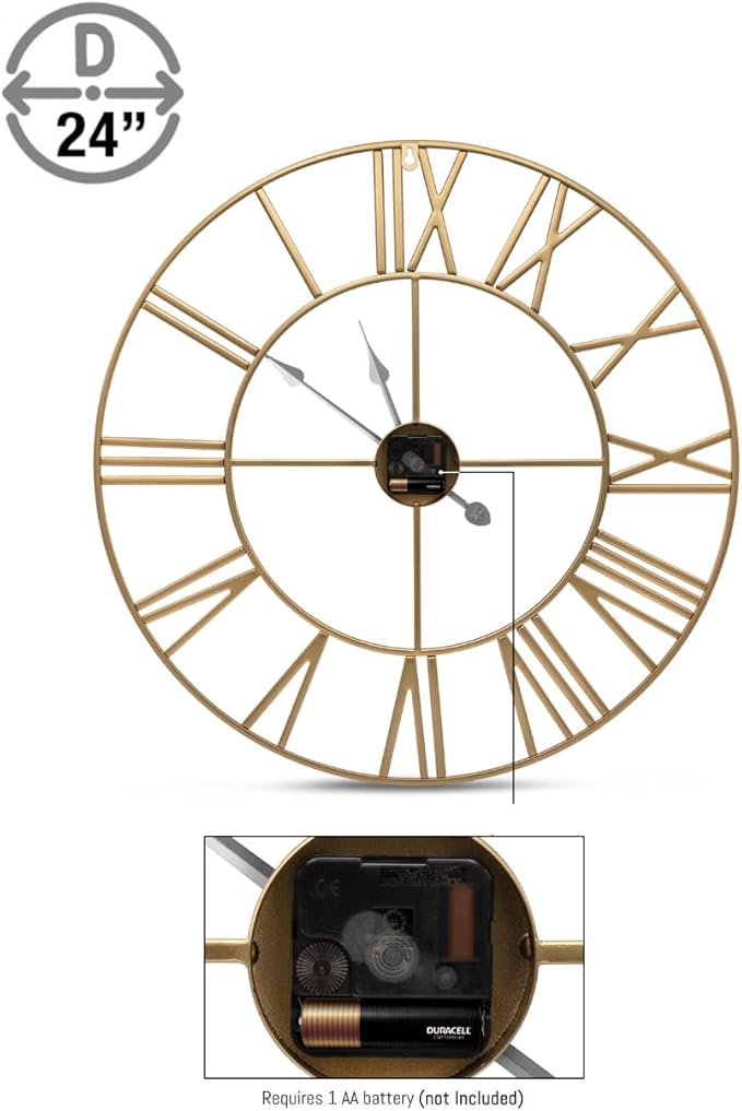Sorbus Large Wall Clock for Living Room Decor – Easy to Hang 24-Inch Big Wall Clock – Metal Wall Art for Kitchen, Bedroom, Home, Office – Analog Decorative Wall Clock (Gold)