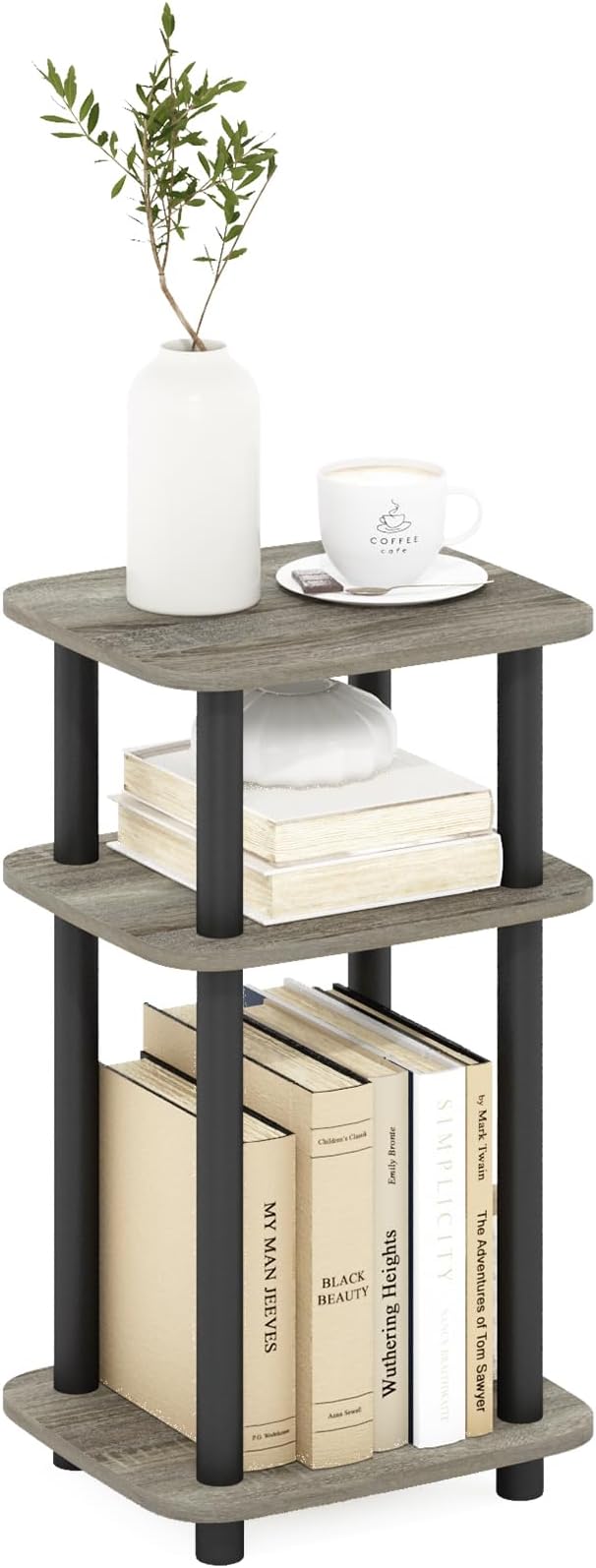 Furinno Just 3-Tier Turn-N-Tube Curve End Table, Side Table, 1-Pack, French Oak/Black