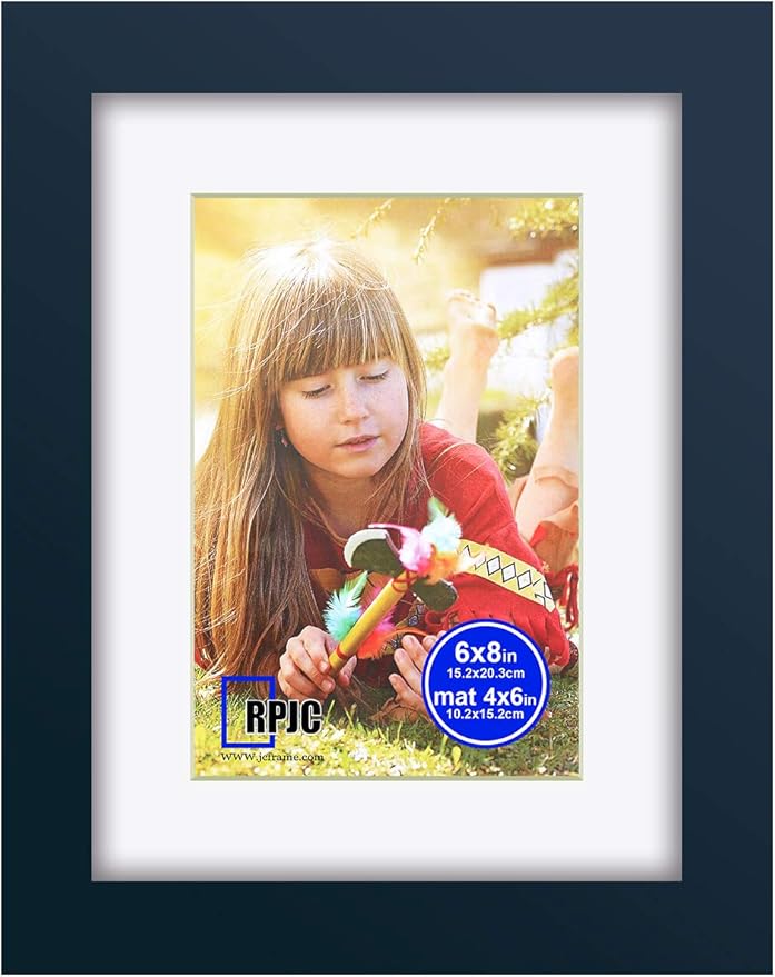 RPJC 6x8 inch Picture Frame Made of Solid Wood and High Definition Glass Display Pictures 4x6 with Mat or 6x8 Without Mat for Wall Mounting Photo Frame Jazz Blue