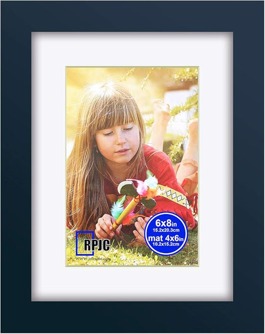 RPJC 6x8 inch Picture Frame Made of Solid Wood and High Definition Glass Display Pictures 4x6 with Mat or 6x8 Without Mat for Wall Mounting Photo Frame Jazz Blue
