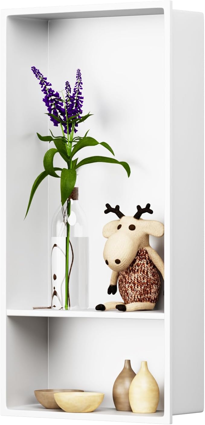 12" X 25" Stainless Steel Shower Niche Insert Tile Ready, Niche for Shower Wall, 2-Tier Recessed Shelves No Tile Needed for Bathroom Storage, White