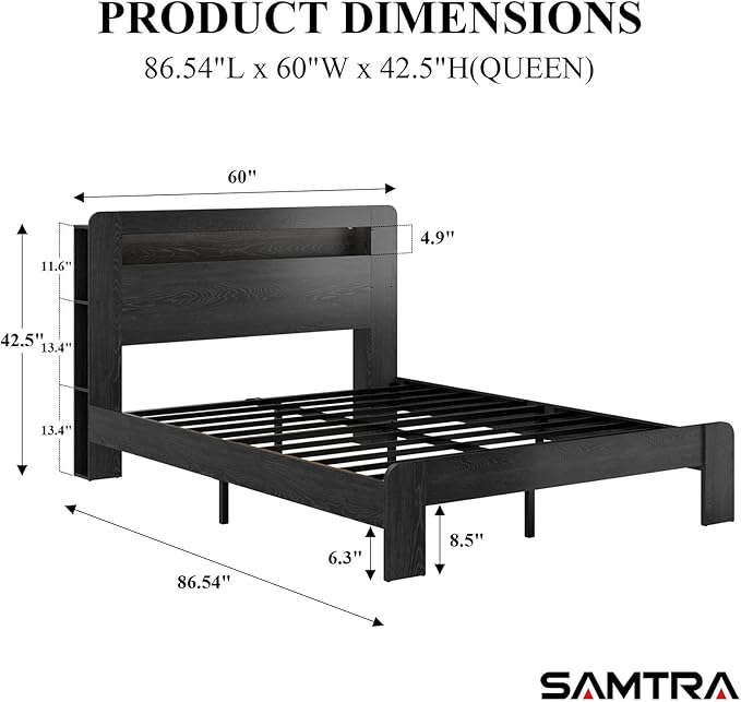 Wooden Bed Frame Queen Size with Storage Headboard - Farmhouse Platform Bed Frame with Bookcase Shelf & Led Lights, Sturdy Wood Slat Framework Bed Frame (Black LED)