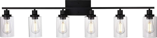 MELUCEE Black Vanity Light Fixture 6-Light Industrial Metal Wall Sconce Bathroom Lighting for Bedroom Hallway Kitchen, Clear Glass Shade Included (Patent No.: US D963914 S)