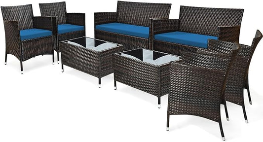 Tangkula 8 Pieces Patio Rattan Conversation Set with Tempered Glass Coffee Table & Thick Cushion, Wicker Set for Garden, Lawn, Poolside and Backyard