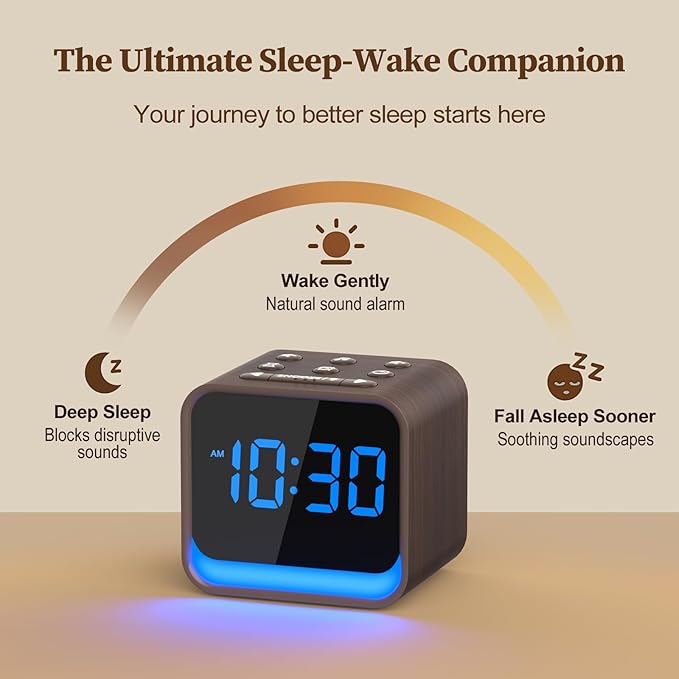 Housbay Wooden Sound Machine Alarm Clock for Bedrooms - Gentle Wake-Up with Birdsong, White Noise for Sleeping, Small Digital Clock for Phone-Free Routine - Walnut Wood