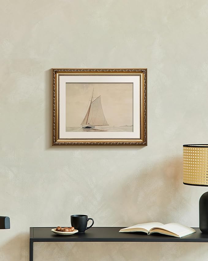 VIYYIEA Gold Framed Wall Art Canvas Print Home Decor for Living Room White Sailboat Seascape Watercolor Vintage Beach Painting on Canvas - Coastal Wall Art Prints for Bedroom Office Bathroom 13x16in