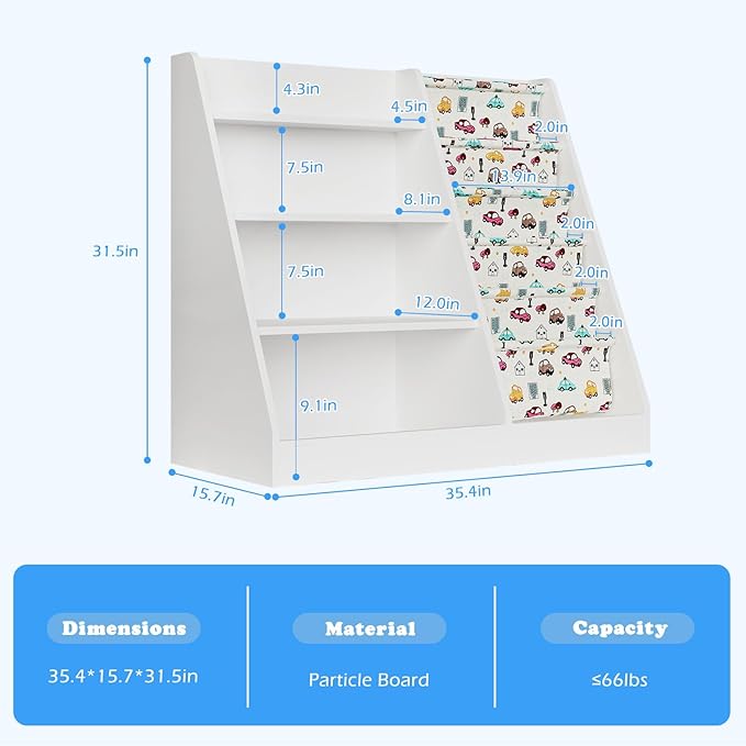 4 Tier Kids Wooden Bookshelf,Five Layer Sling Bookcase,Baby Storage Book Rack,Kids Book and Toy Organizer Cabinet Chest,Infant Book Display,Playroom Kids Room Classroom Nursery Bedroom