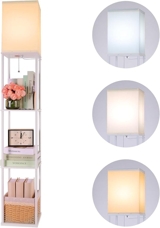 Floor Lamp with Shelves, Modern Square Standing Lamp with 3 Color Temperature Bulb, Corner Display Bookshelf Lamp for Living Room, Bedroom and Office