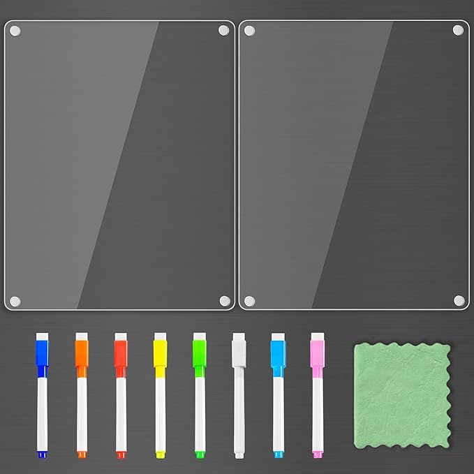 PigPotParty Clear Acrylic Magnetic Whiteboard for Fridge, 2 Pack 9.5"x12" Dry Erase Board Blank Memo Shopping/Grocery to Do List Meal Planner Chore Chart for Adult Teens Kids, w/ 8 Markers & 1 Towel