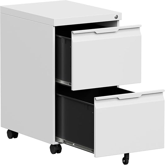 Bestoo 2 Drawer Mobile File Cabinet with Lock, File Cabinet on Wheels for Letter/Legal/A4 File, Metal Rolling File Cabinets for Home Office (White)