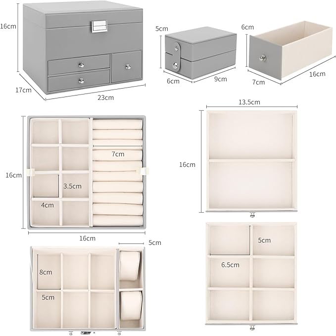 DesignSter Jewelry Organizer Box, 3 Layers Large Jewelry Box with Travel Jewelry Case and Removable Tray, Jewelry Storage Case with Mirror for Necklaces Earrings Rings Bracelets Watches (Gray)