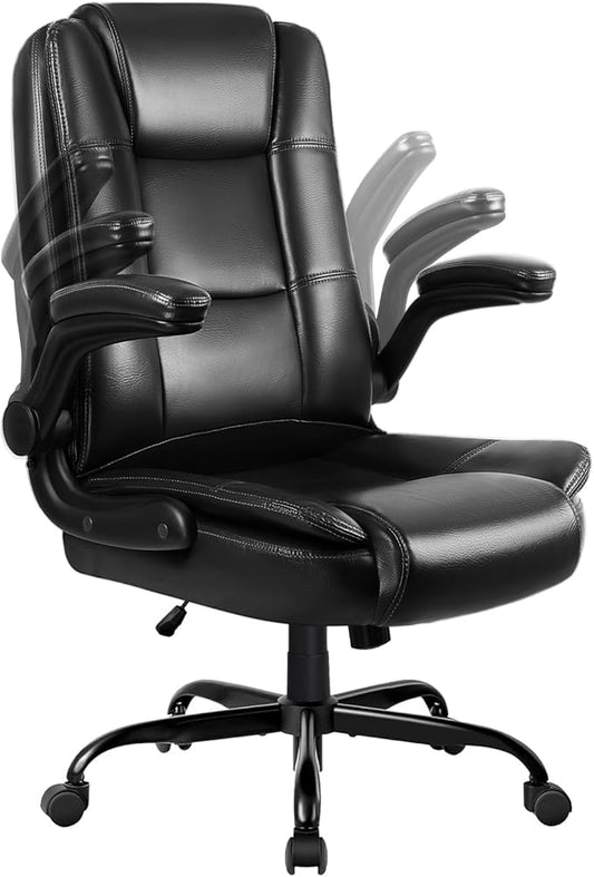 LEMBERI Flip-up Arms Office Desk Chair Big and Tall Managerial Executive Chair, High Back Computer Chair Ergonomic Adjustable Height PU Leather Chairs with Armrest for Long Time Sitting