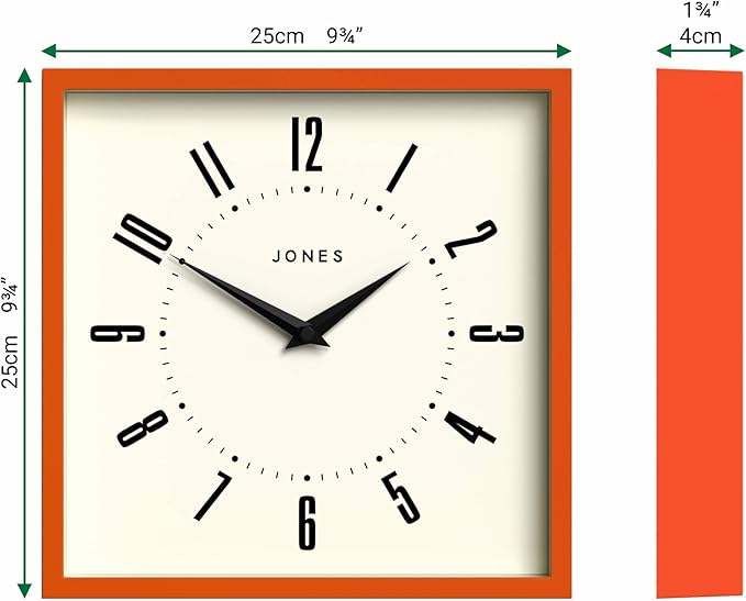 JONES CLOCKS® Box Wall Clock | Retro Square | 10 inch | Orange | Easy to Read Numbers | Perfect Kitchen or Office Clock