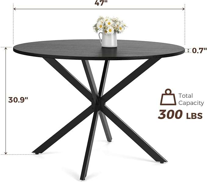 Unovivy 47" Round Dining Table for 4-6, Space Saving Circle Kitchen Dinner Table, Industrial Mid Century Modern Dining Room Desk for Kitchen, Apartment, Black