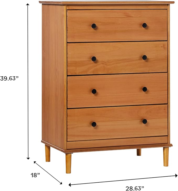 Walker Edison Modern Tall 4-Drawer Solid Wood Dresser Bedroom Storage Drawer Organizer Closet Hallway, 40 Inch, Caramel