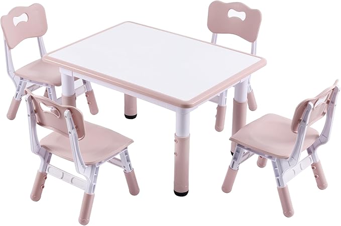 Height-Adjustable Kids Table and 4 Chairs Set, Toddler Table and Chair Set with Graffiti Desktop, 31.5''L x 23.6''W Children Activity Table for Daycare, Classroom, Home