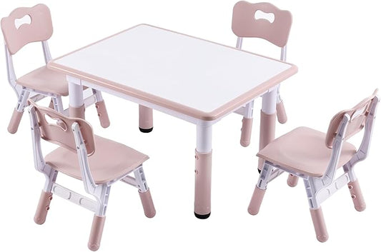 Height-Adjustable Kids Table and 4 Chairs Set, Toddler Table and Chair Set with Graffiti Desktop, 31.5''L x 23.6''W Children Activity Table for Daycare, Classroom, Home