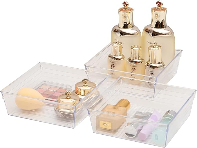 Backerysupply Clear Plastic Drawer Organizer Tray for Vanity Cabinet (6"×6"×2"，Set of 8),Storage Tray for Makeup, Kitchen Utensils, Jewelries, and Gadgets…