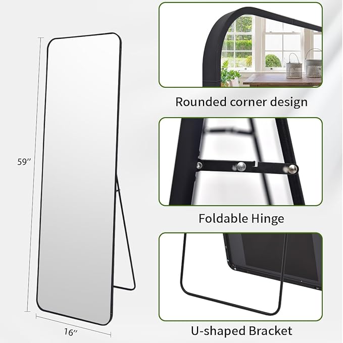 BEAUTYPEAK 59"x16" Mirror Full Length, Standing or Leaning Rounded Corner Full Body Floor Mirror with Metal Framed,Suitable for Living Room or Bathroom,Black