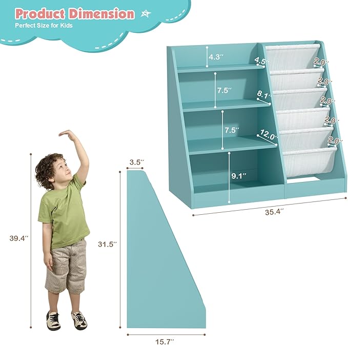 4 Tier Kids Bookshelf Wooden, Five Layer Sling Children Bookcase, Baby Toddler Storage Book Rack, Book and Toy Organizer Cabinet Chest, Book Display Shelf Stand, Playroom Nursery Classroom Library