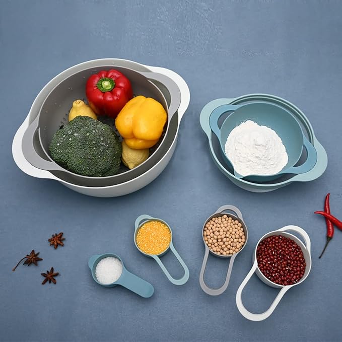 Plastic Nesting Bowls Set with 2 Mixing bowls,Colanders,4 Measuring Cups,Sifter for Baking,Food Prep,RV Camping Accessories,8 Pieces
