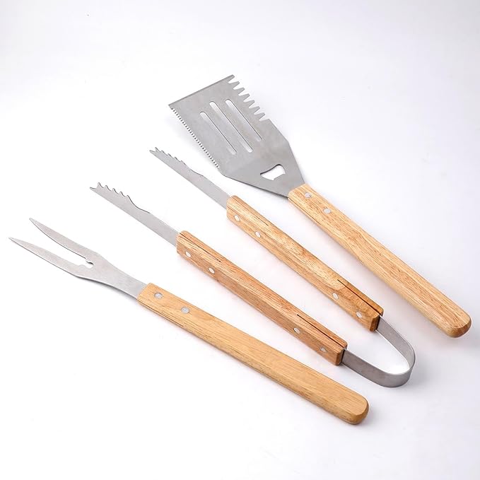 Artisanal Wood-Handled BBQ Set - Robust Stainless Steel Spatula, Fork & Tongs | Stylish Family Gathering Outdoor Camping Grill Tools