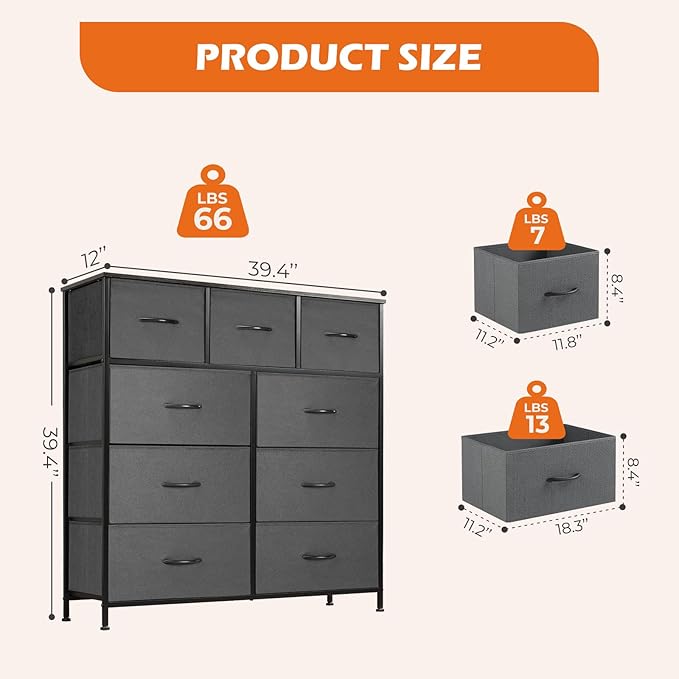 Sweetcrispy Dresser with 9 Drawers for Bedroom, Fabric Dresser Storage Tower, Chest of Drawers Organizer Unit, Storage Cabinet for Hallway, Closets, Steel Frame, Wood Top, Modern Grey