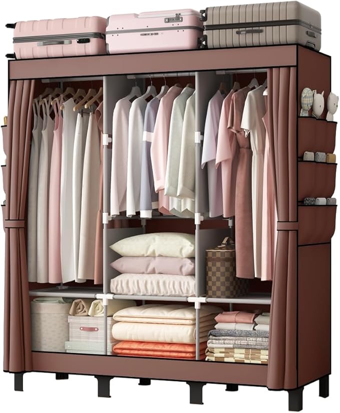 Portable Wardrobe, Clothes Organizer, Easy Hanger Wardrobe, Multiple Dividers and 3 Drawers, 6 Side Pockets Large Capacity (Coffee)
