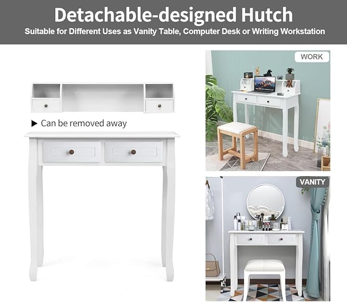 Kids Study Desk, 32" Small Wooden Writing Desk with 4 Drawers for Home Office, 6-16 Years Girls Boys Study Table with Hutch for Bedroom Study Room, Compact Computer Desk, Vanity Makeup Table, White