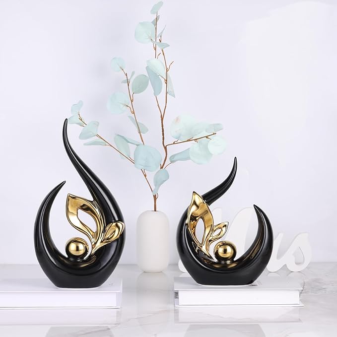 DOVDOV Black and Gold Home Decor, Abstract Ceramic Statue Set of 2 for Home Living Room Shelves, Coffee Tables, Shelves, Dining Table centerpieces