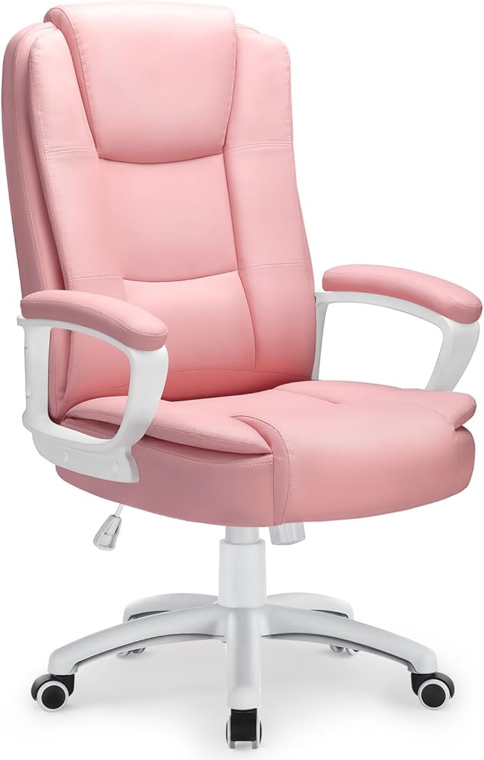 LEMBERI Pink Office Desk Chair, Big and Tall Managerial Executive Chair, High Back Computer Chair, Ergonomic Adjustable Height PU Leather Chairs with Cushions Armrest for Long Time Sitting