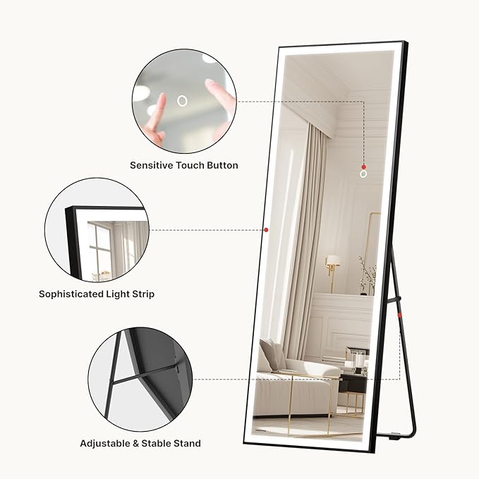 56×18 LED Full Length Mirror with Lights - Wall Mounted Vertical Vanity Mirror for Bedroom & Bathroom, Full Body Backlit, Adjustable Brightness, Tempered Glass, Full Length Mirror for Home