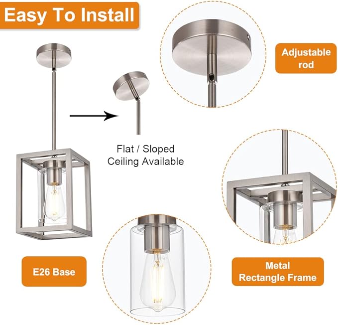 VINLUZ One Light Chandeliers Fixture Brushed Nickel Modern Pendant Kitchen Lighting with Clear Glass Shade Dining Room Lighting Fixtures Hanging Contemporary Lamp Semi Flush Mount Ceiling Lights