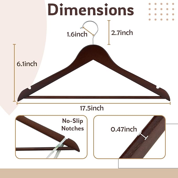 ELONG HOME Wooden Hangers, 20 Pack Coat Hangers with Extra Smooth Finish, Precisely Cut Notches and Chrome Swivel Hook, Wooden Clothes Hangers for Shirt Suit Jacket Dress