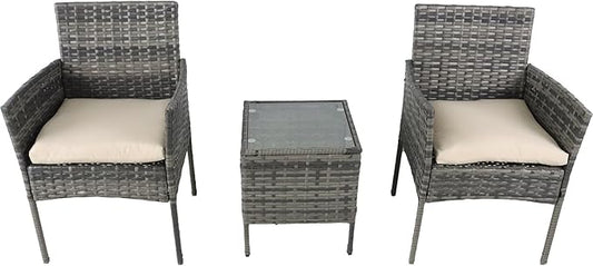 3 Pieces Patio Furniture Set, Outdoor Conversation Sets, Wicker Rattan Chairs for Garden Backyard Balcony Porch Poolside, Set with Glass Table and Soft Cushions (Brown+Beige)